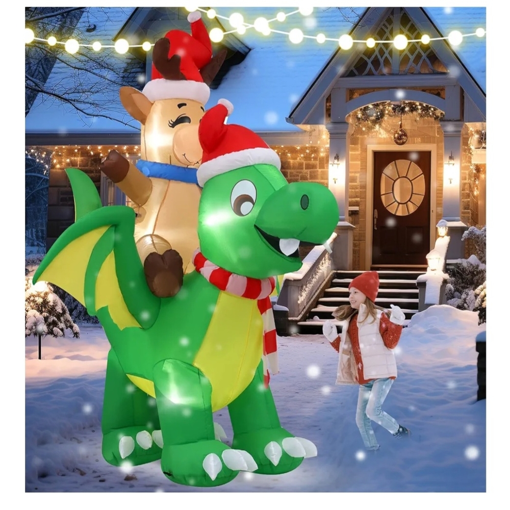 8ft Inflatable Christmas Dragon w/ Reindeer & LED Lights